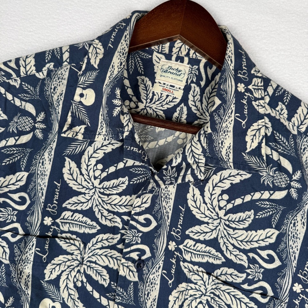 VTG Lucky Brand Mens S Navy Blue Hawaiian Palm Tree Pineapple Shirt‎ 7M40406